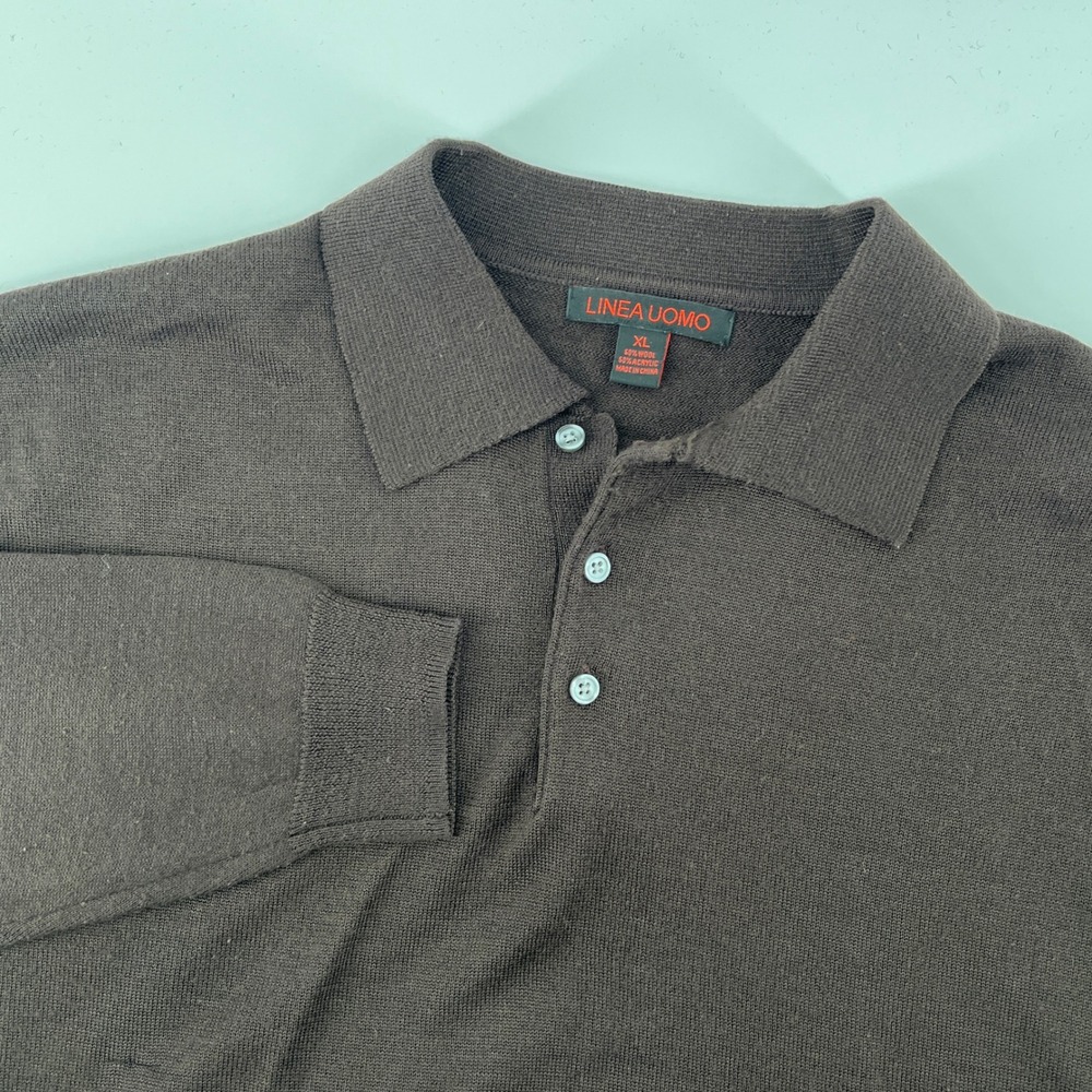 Linea Uomo. Polo Sweater, Men, XL, Brown, Wool Blend Long Sleeve Knit
